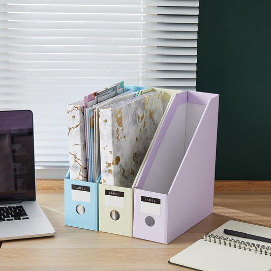 Y YOMA Cardboard File Magazine Holder, Pastel Color, 6 Pack Desktop Binder Holder with Labels Vertical File Storage Foldable Organizer Box, for Office Classroom Home Workspace