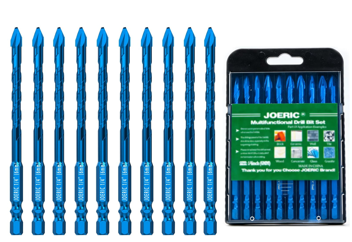 JOERIC 10pc 1/4”(6mm) Eccentric Drill Bit Set, Masonry Drill Bit Sets Concrete Drill Bit for Tile,Glass,Brick,Plastic,Cement,Wood with Storage Case (Blue).