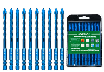 JOERIC 10pc 1/4”(6mm) Eccentric Drill Bit Set, Masonry Drill Bit Sets Concrete Drill Bit for Tile,Glass,Brick,Plastic,Cement,Wood with Storage Case (Blue).