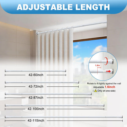 White Tension Curtian rod no drill, 42 to 100 inch Adjustable Heavy Duty black shower curtain rod for Windows bathroom Closet