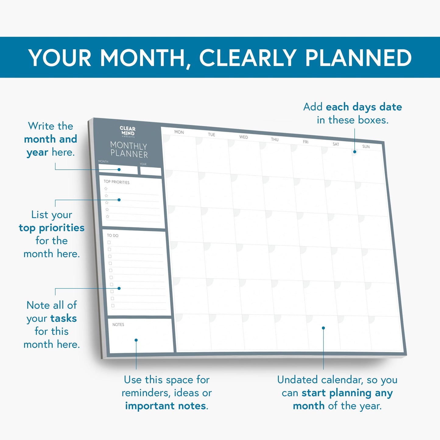 Undated Monthly Desk Pad Planner by Clear Mind Concepts® – 24 Tear-Off Sheets of Premium 160gsm Paper for Effective Home & Office Organization, Productivity, and Study Planning