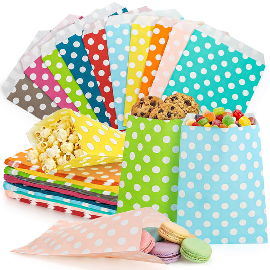 Foraineam 250 Pack Food Safe Paper Treat Bags, 5.2 x 7 Inch Candy Cookie Buffet Bag, Polka Dot Favor Bag 10 Colors Small Paper Goody Bags for Birthday Holiday Party Favor Supplies