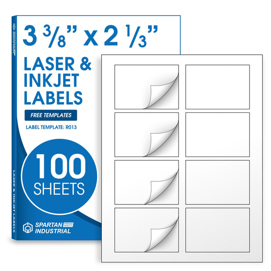 3 3/8" X 2 1/3" Matte White Name Tag Labels Compatible with Inkjet and Laser Printers - 100 Sheets, 800 Total Paper Stickers - Spartan Industrial Template R013