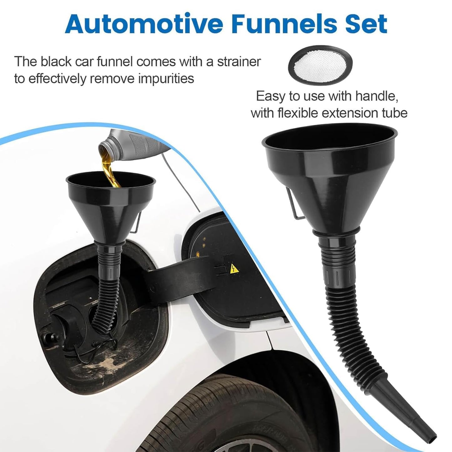 8 Pieces Filling Funnel Set, Gasoline Fuel Funnel，Right Angle Flexible Plastic Funnel Set, Universal Auto Gasoline Fuel Funnel with Detachable Hose and Manual Oil Absorber