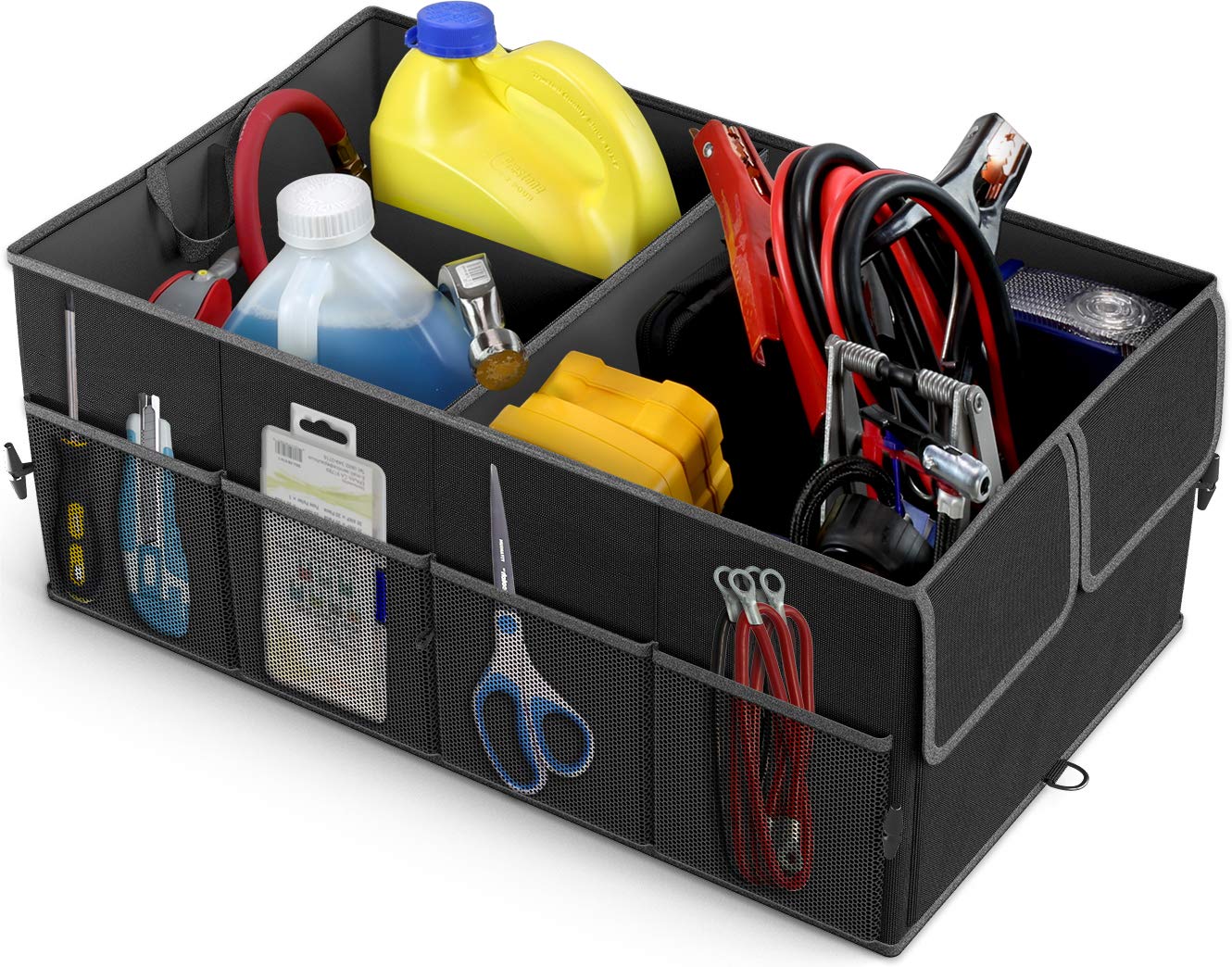 EPAuto Car Trunk Organizer 56L Foldable 3 Compartment with Securing Straps, Buckles and 10 Pockets, Black