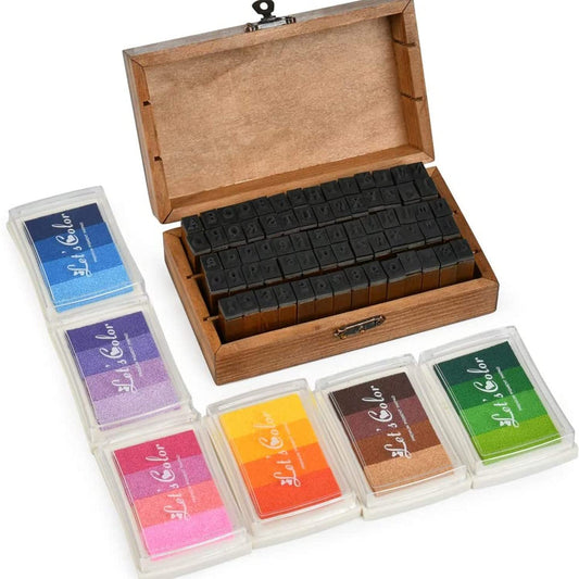 70PCS Alphabet Stamp Set Vintage Wooden Rubber Letter Number and Symbol Stamp Set with 6 Colorful Ink Pad, with Small Wooden Box, for DIY Craft Scrapbooking Planner Card Stamps Gift
