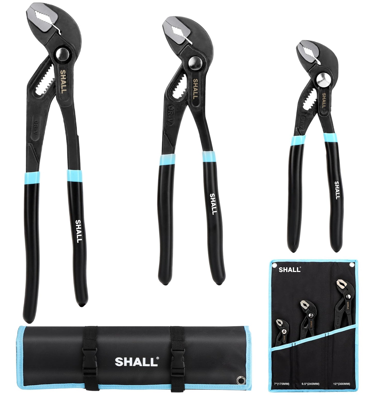 Shall 3-Piece Groove Joint Pliers Set (12, 9-1/2, 7 Inch), Push-Lock Water Pump Pliers in Cr-v Steel, Fast Adjustable Tongue and Groove Pliers with Tool Roll Bag for Home Repair & Plumbing