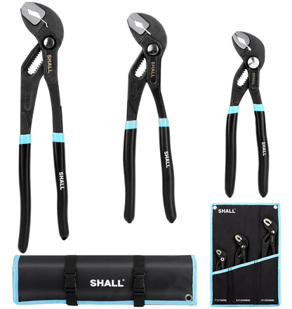 Shall 3-Piece Groove Joint Pliers Set (12, 9-1/2, 7 Inch), Push-Lock Water Pump Pliers in Cr-v Steel, Fast Adjustable Tongue and Groove Pliers with Tool Roll Bag for Home Repair & Plumbing