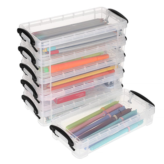 BTSKY Pack of 6 Large Capacity Stackable Pencil Case, Office Supplies Pen Holder Box,Clear Stationery Storage Box for Watercolor Pen Brush Painting Pencil Drawing Tools, Black