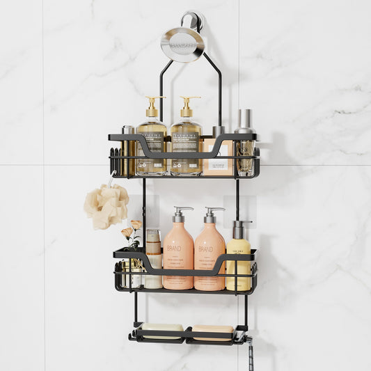 SWTYMIKI Shower Caddy Hanging, Shower Caddy Over Shower Head with 2 Soap Holders & hooks, 3 Tier Antirust & Anti-Swing Bathroom Shelves Organizer No Drilling, Black