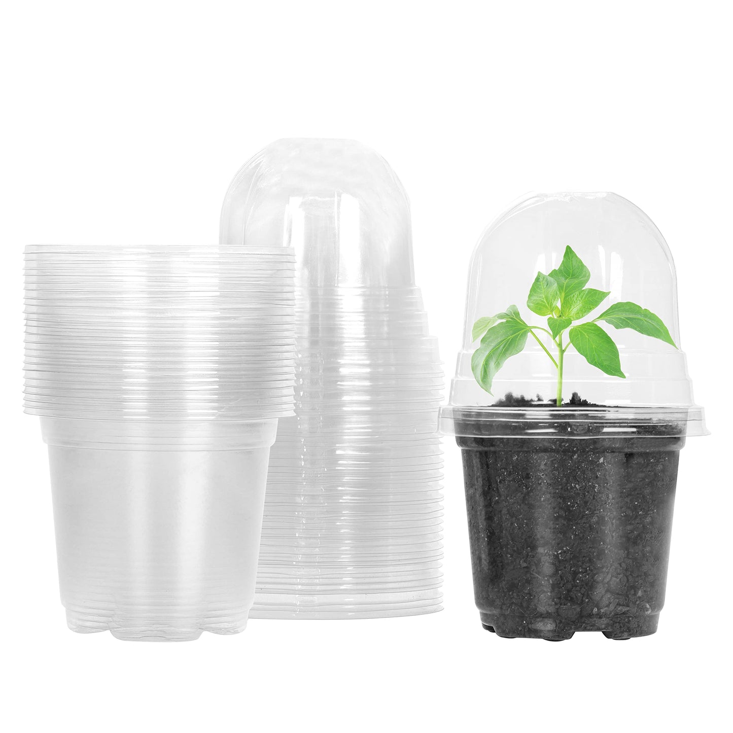 MIXC 30 Packs 4" Plant Nursery Pots with Humidity Domes, Soft Transparent Plastic Gardening Pot, Seedling Pots with 10pcs Plant Labels for Vegetable Propagation, Root Cutting, Seedling