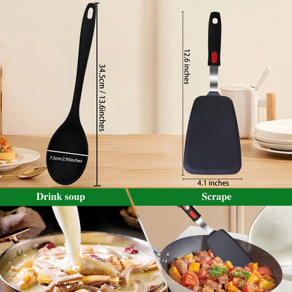 4-Pack Silicone Spatula and Spoon Set, 600°F (315°C) Heat Resistant Kitchen Utensils for Non-Stick Cookware, 3 Flexible Turners & 1 Solid Spoon, Ergonomic Non-Slip Grip, BPA Free, Black