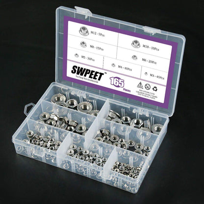 165Pcs 304 Stainless Steel Serrated Metric Flange Nuts Hex Lock Nuts Assortment Kit, 7 Sizes - M3 M4 M5 M6 M8 M10 M12