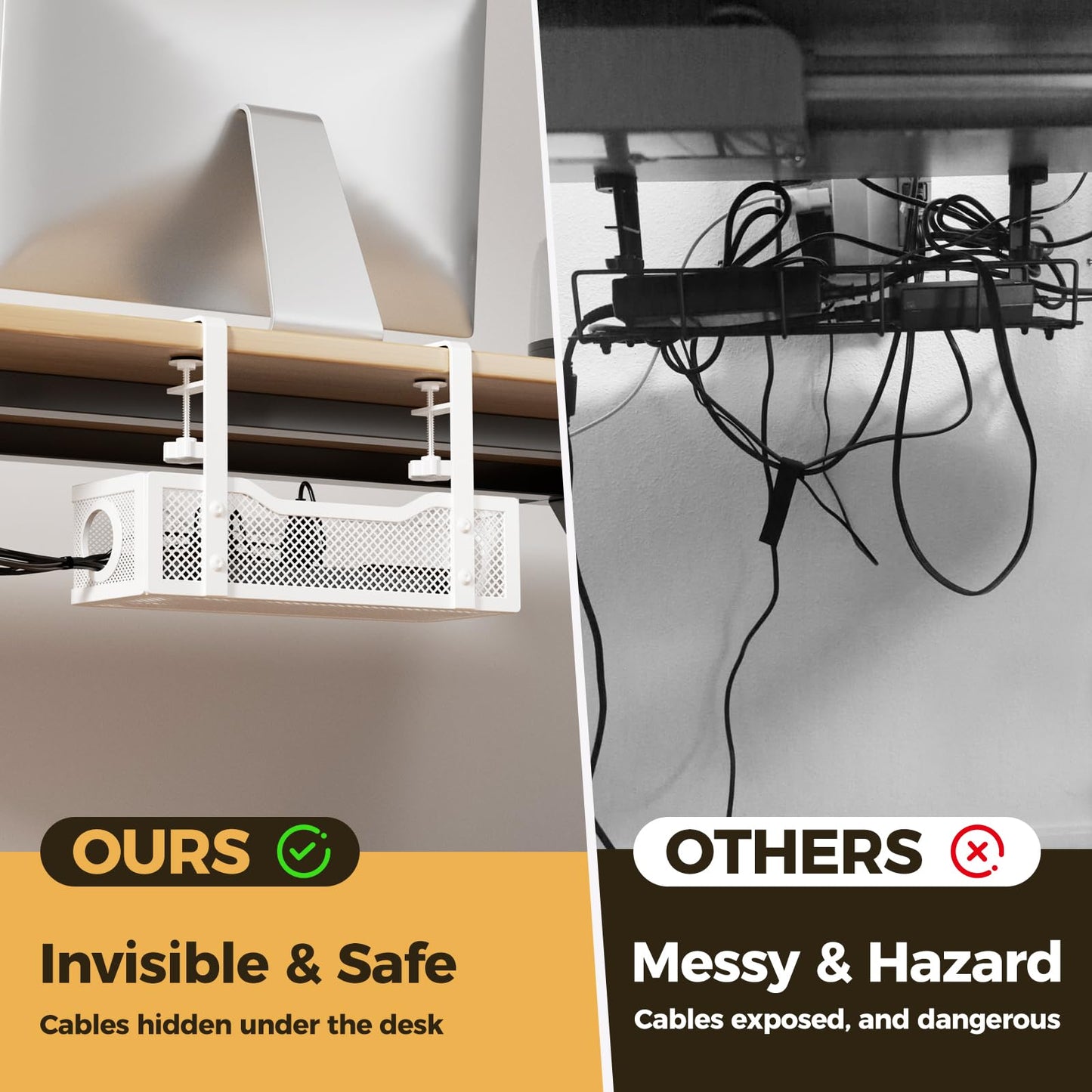 Under Desk Cable Management Tray White, Cinati Cable Management Under Desk No Drill, Cable Tray with Clamp for Desk Wire Management,Desk Cable Management Box for Office, Home - No Damage to Desk