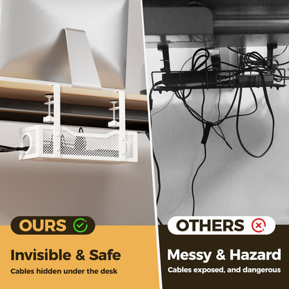 Under Desk Cable Management Tray White, Cinati Cable Management Under Desk No Drill, Cable Tray with Clamp for Desk Wire Management,Desk Cable Management Box for Office, Home - No Damage to Desk