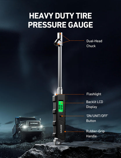 AstroAI Digital Tire Pressure Gauge 230 PSI Heavy Duty Dual Head Stainless Steel Made for Truck and RV with Backlit LCD and Flashlight, Gift for Men