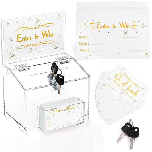 ZENFUN Acrylic Donation Box with Lock and Sign Holder, 6.3x4.7x4.9 Inches Clear Ballot Box Voting Storage Box Comments Container with 100pcs Tickets Cards for Raffle, Tip Jar, Collection, Voting
