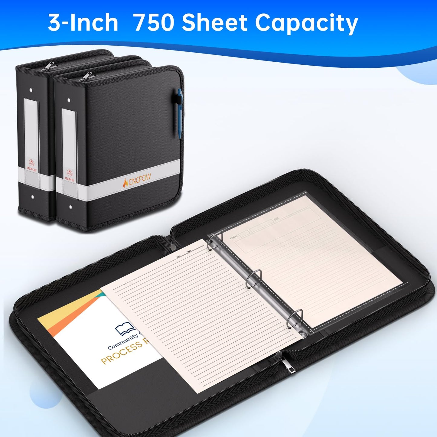 ENGPOW 3 Ring Binder,Fireproof 3 Inch D Ring Binder with Zipper,Holds 750 Sheets,Non-Stick,PVC-Free,Compatible with Clear Sheet Protectors,Portable School Office Home Safe Storage for Paper,Black