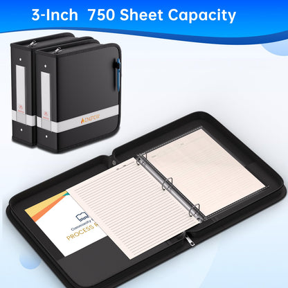 ENGPOW 3 Ring Binder,Fireproof 3 Inch D Ring Binder with Zipper,Holds 750 Sheets,Non-Stick,PVC-Free,Compatible with Clear Sheet Protectors,Portable School Office Home Safe Storage for Paper,Black