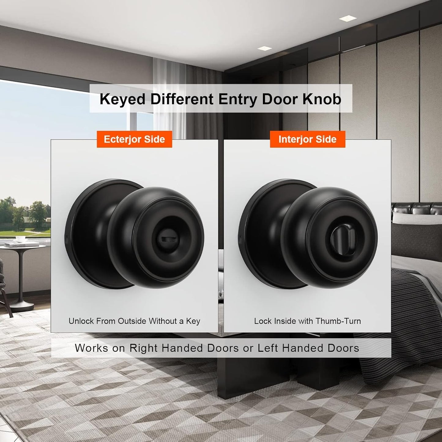 Haidms 2 Packs Matte Black Door Knobs Interior, Round Privacy Door Knob keyless (Thumb Turn Lock on The Inside) Ball Door Knob for Bedroom Bathroom