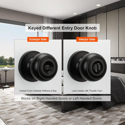 Haidms 2 Packs Matte Black Door Knobs Interior, Round Privacy Door Knob keyless (Thumb Turn Lock on The Inside) Ball Door Knob for Bedroom Bathroom