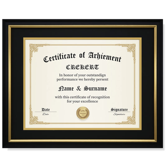 CREKERT Diploma Frame 11x14 College Degree Frame Solid Wood Shatter-Resistant Glass for Documents Certificate Blackgold Frame 8.5x11 with Mat (Black Mat, 1 Pack)
