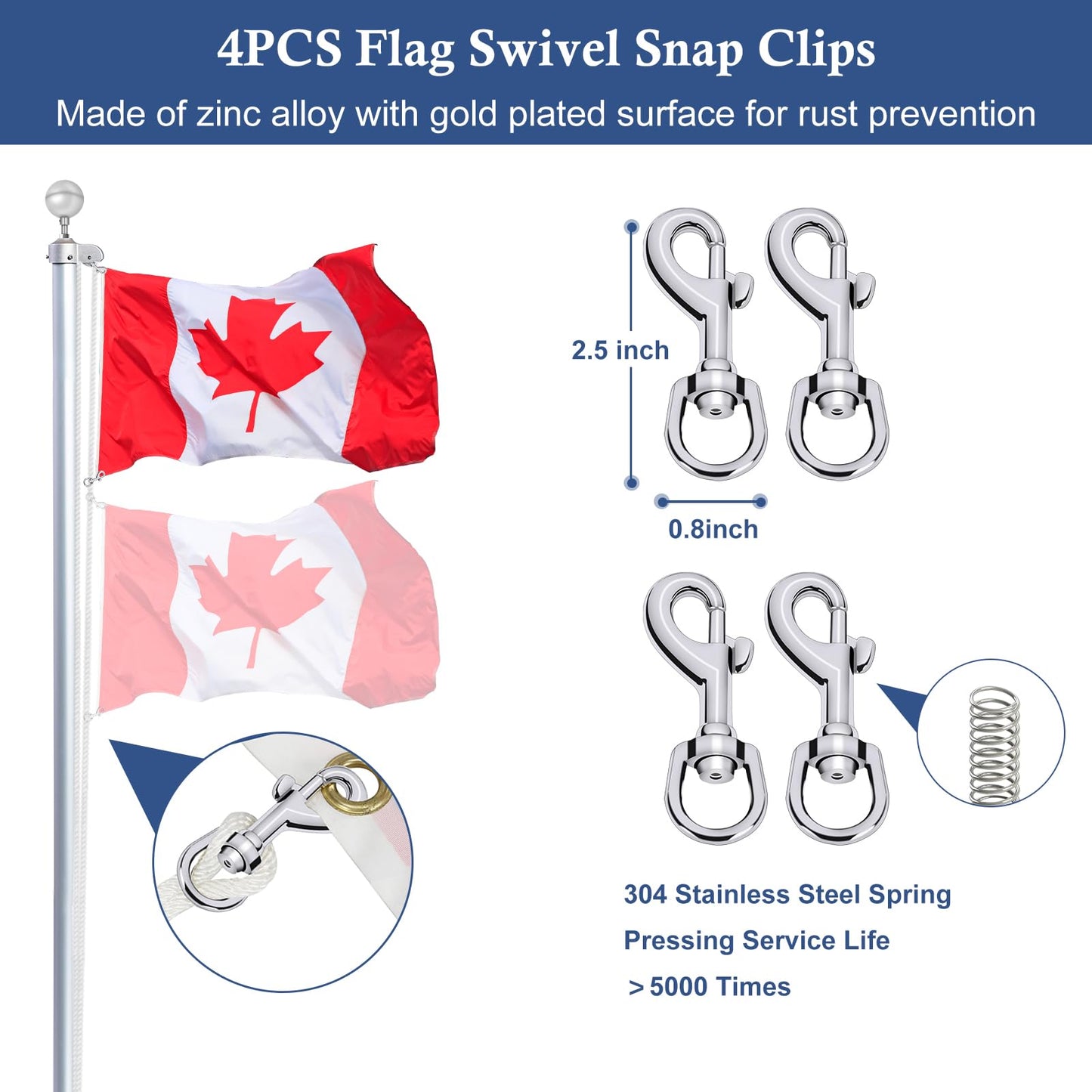 NQ Flagpole Hardware Repair Parts Kit-50Ft Halyard Rope 3" Silver Ball + 6" Zinc Alloy Cleat + 4PCS Metal Swivel Snap Clips + Aluminum Alloy Flagpole Truck with Nylon Pulley for 1.6"-2" Flagpole Top