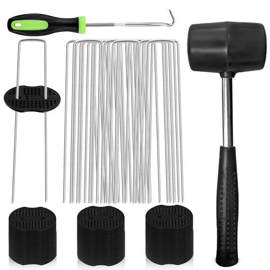 Garden Stakes, 122 Pcs 6 Inch Landscape Staples Kit, U-Shaped Garden Staples Landscape Fabric Pins and Fixing Gasket with Pick Hook and Hammer for Weed Barrier Fabric, Tent