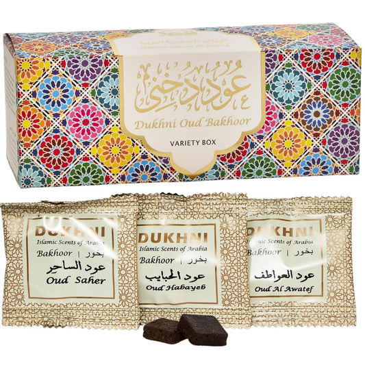 Oud Bakhoor Variety Box by Dukhni | Assorted Box | 30 Pieces Bukhoor | Gift Set & Refill Kit | Arabic Bakhoor Incense | Perfect for Ramadan Prayer and Gifting | Luxurious, Long Lasting