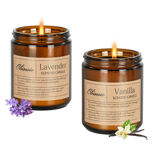 Obisesio Candles 2 Pack, Candles for Home Scented, Aromatherapy Candle Gift Set for Women Soy Wax Long Lasting Amber Jar Candles Gift for Birthday Mother's Valentine Day(Vanilla & Lavender)