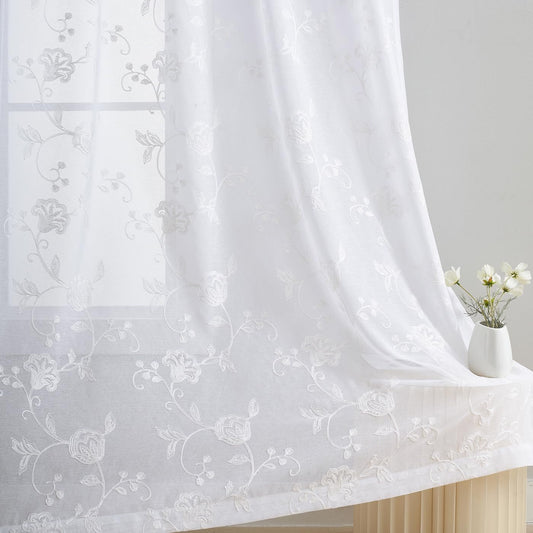 Sheer Curtains Floral Embroidery White 84 Inch Long Rod Pocket Lace Drapes for Living room, Bedroom, 2 Panels, 52"x84", Semi Voile Pattern Outdoor Window Treatment Sets for Yard, Patio, Villa, Parlor.