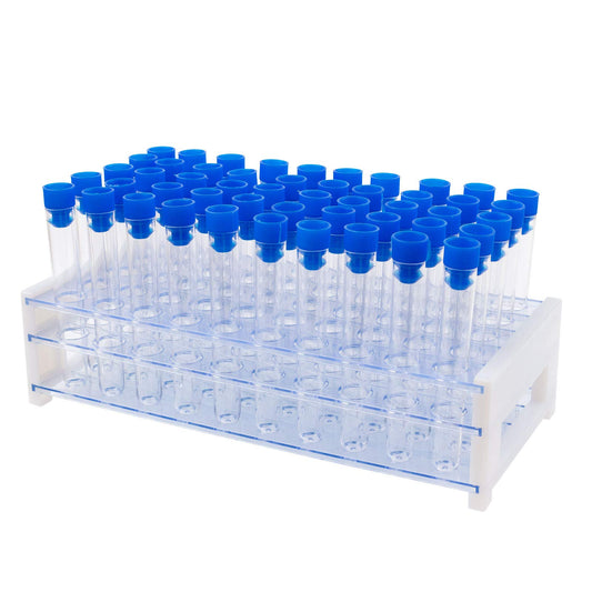 50Pcs Clear Plastic Test Tubes with Rack,16 x 100mm Vial Tube with Caps and 50 Holes Tubes Rack for Jewelry Seed Beads Powder Spice Liquid Experiment Party Decor
