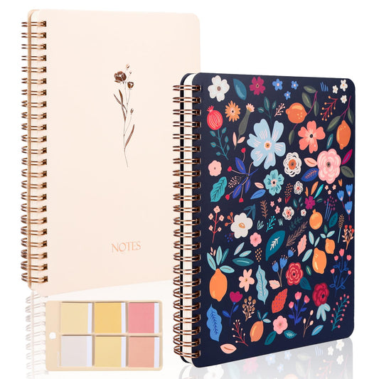 Aesthetic Spiral Notebook Set of 2 For Women - Artistic flower 6.5" x 8.4" College Ruled Notebook With Large Pockets And Lined Pages -Boost Productivity at Work or School