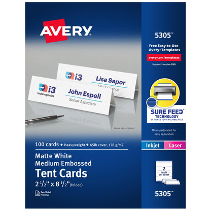 Embossed Tent Cards with Sure Feed, Laser/Inkjet, White,