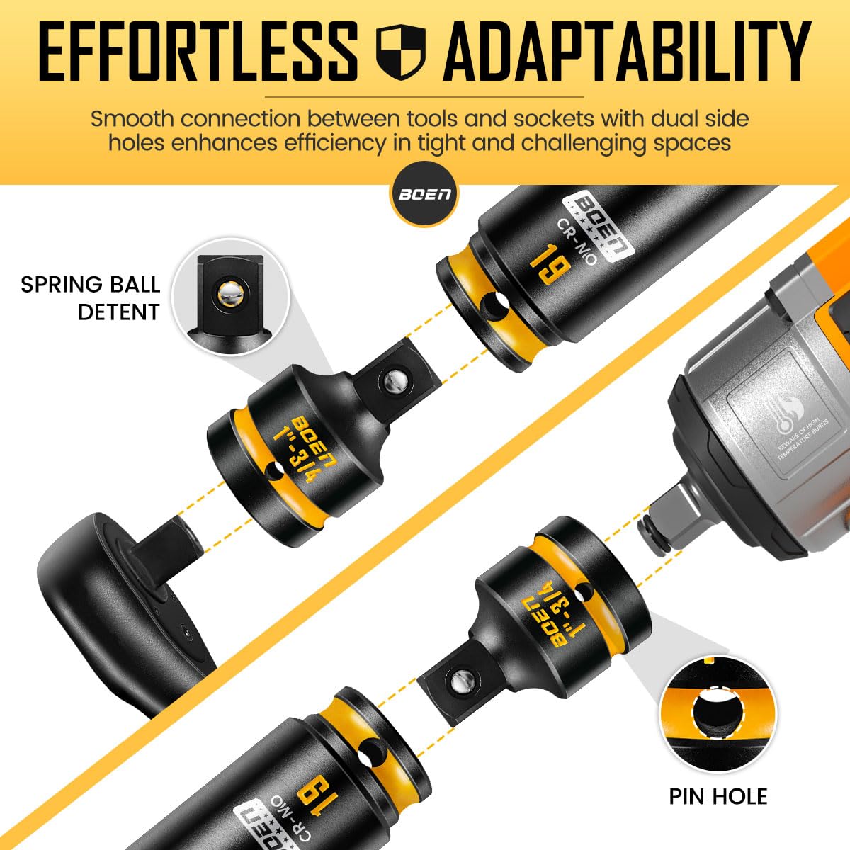 BOEN PRO 1" F to 3/4" M Impact Socket Reducer, Impact Driver Conversions for Impact Wrench, CR-MO Steel, Embossed and Painted Marking