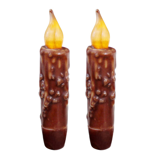 CVHOMEDECO. Real Wax Hand Dipped Battery Operated LED Timer Taper Candles Country Primitive Flameless Lights Décor, 4-3/4 Inch, Coffee, 2 PCS in a Package