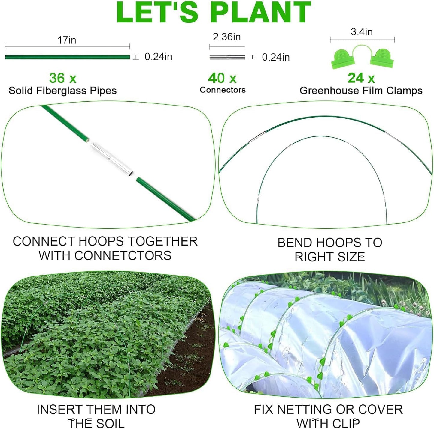 Greenhouse Hoops for Raised Beds, 36pcs 8ft Garden Hoops Tunnel for Row Cover Netting, Bendable Plant Cover Gardening Support Frame Kit, Fiberglass Garden Rods Supplies for Raised Beds, 24pcs Clips