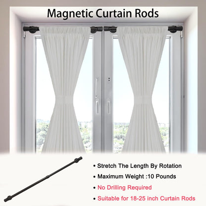 Sumlache Magnetic Curtain Rod for Metal Doors-Adjustable Cafe Magnetic Rod For Bathroom-curtain with Magnetic Holders to Hanging Curtain, towel, clothes ((16 to 25 inch*2 Black))