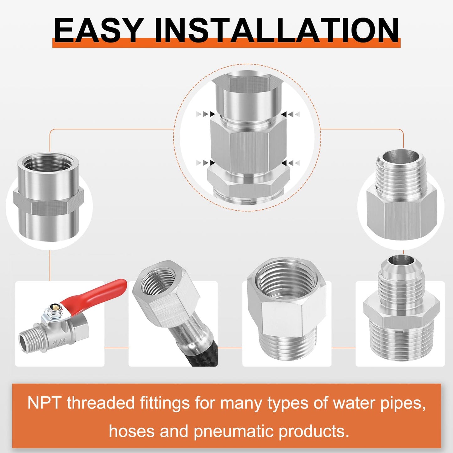 Rebower 2 Pack 304 Stainless Steel Female to Male Adapters, 1" Female NPT x 3/4" Male NPT Nipple Pipe Extension Connectors for Industrial, Fluid Transfer, Home Gardening, Water Treatment