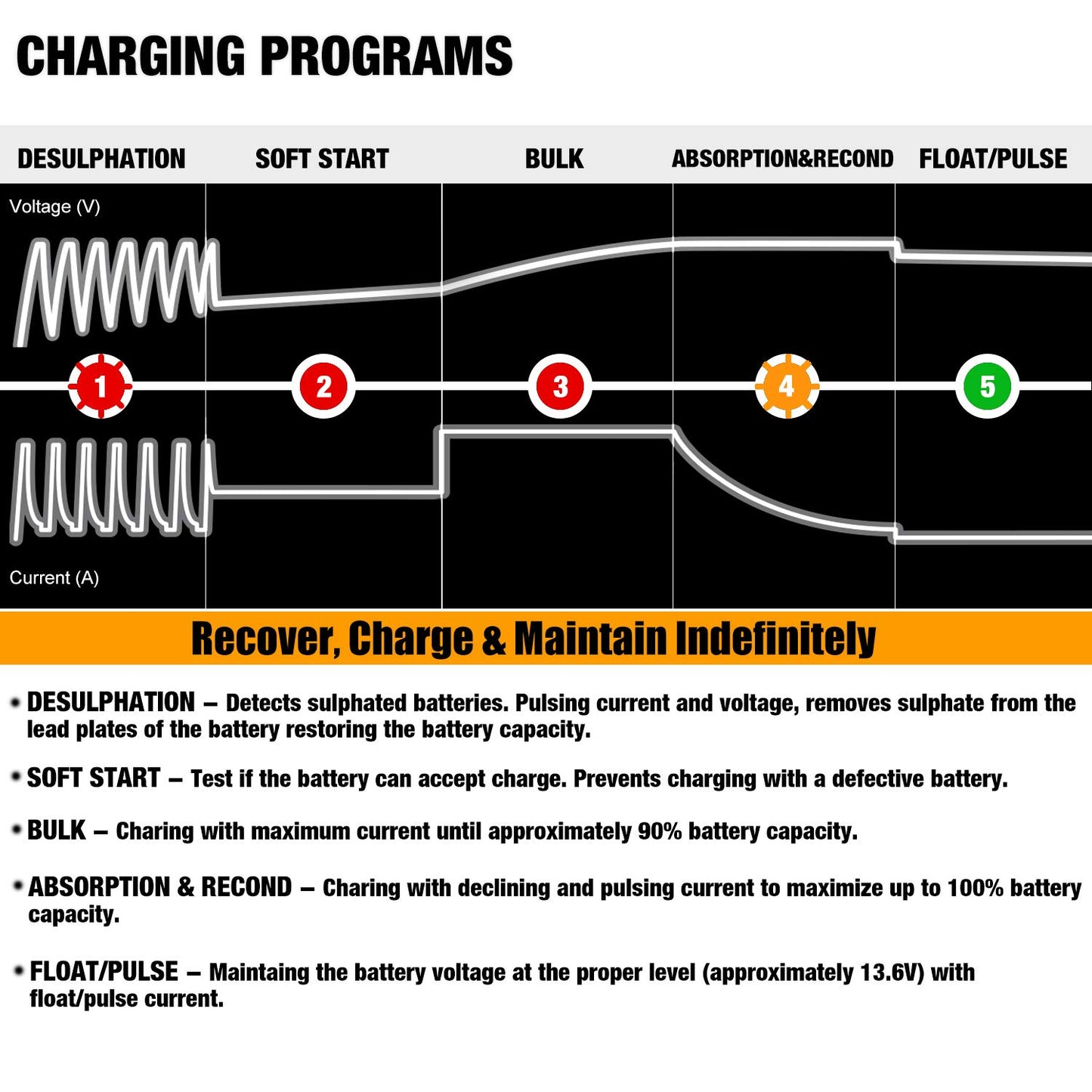 MOTOPOWER MP00205A 12V 800mA Automatic Battery Charger, Battery Maintainer, Trickle Charger, and Battery Desulfator