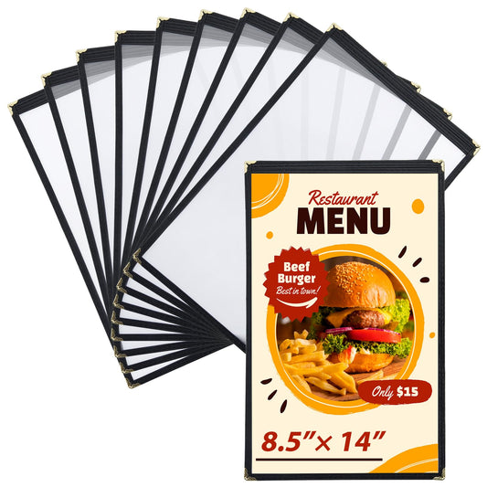 FLKQC 10PCS 8.5 x 14 Inch Menu Covers, Cafe Style Menu Cover, Single Page 2 View Transparent Restaurant Menu Covers, Fits Legal Size Paper, Menu Holder (Single Page) (1 Page, 2 View)