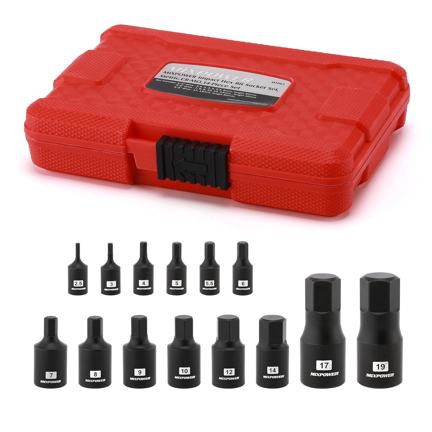 MIXPOWER 14-Piece Dr. Bit Socket Set, 2.5mm to 19mm, 1/4", 3/8" and 1/2" Drive, Cr-Mo Impact Grade, Metric, Hex Bit Socket
