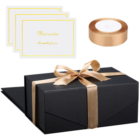 EUSOAR Black Gift Box, 3 Pcs 9"x6"x4" Wedding Magnetic Closure Gift Box with Greeting Card and Ribbon, Sturdy Luxury Birthday Gift Boxes with Lid for Birthday Wedding Groomsman Proposal Gift Packing