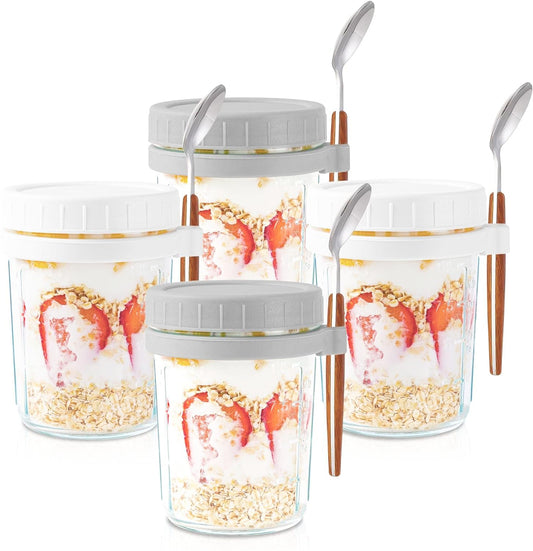 Overnight Oats Containers with lids and Spoons: 16 oz Mason Jars for Overnight Oats - 4 Pack Glass Meal Prep Container for Oatmeal - Food Storage Containers/Canning Jars/Food Jars & Canisters