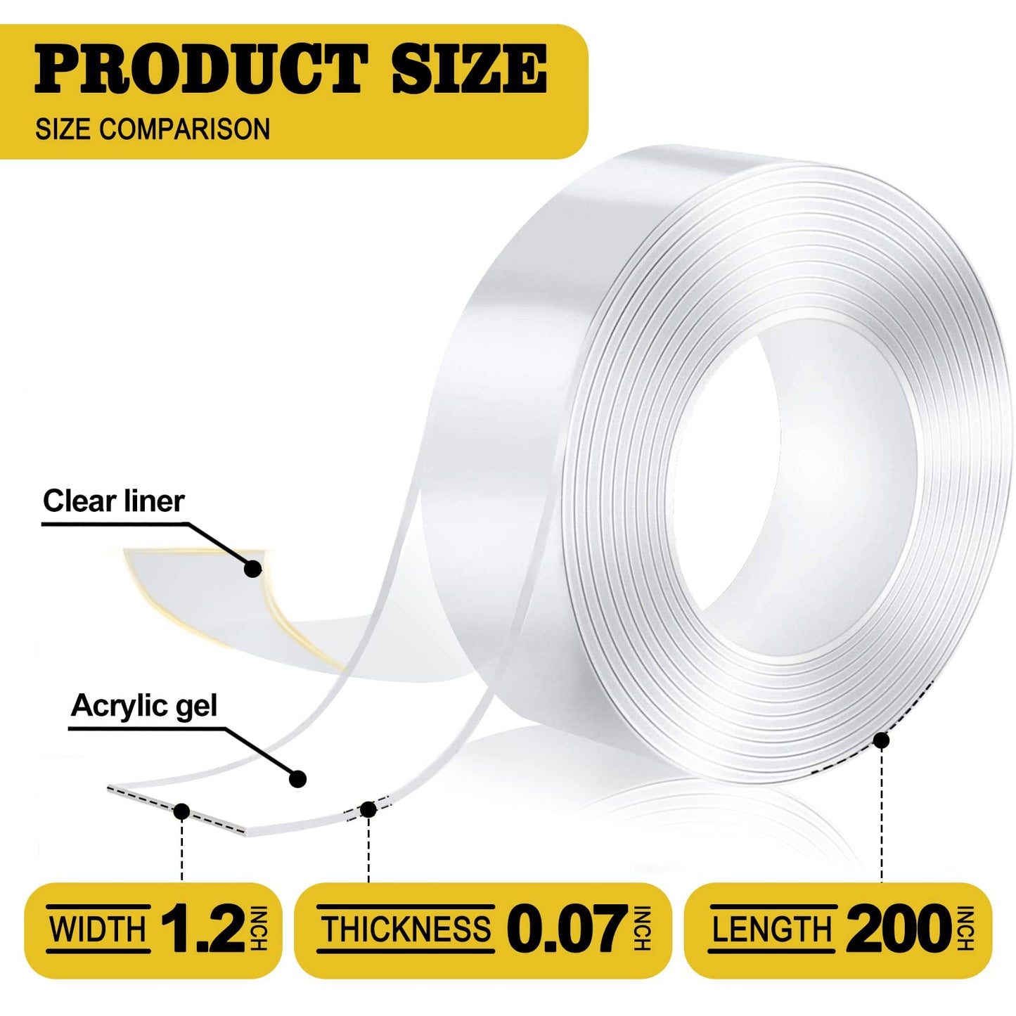 Double Sided Mounting Tape,1.2" x 200",Heavy Duty Removable Nano Adhesive Tape for Walls,Adhesive Strips Strong Sticky Gel Grip Tape,Transparent Poster Tape Wall Tape for Picture Carpet Decoration