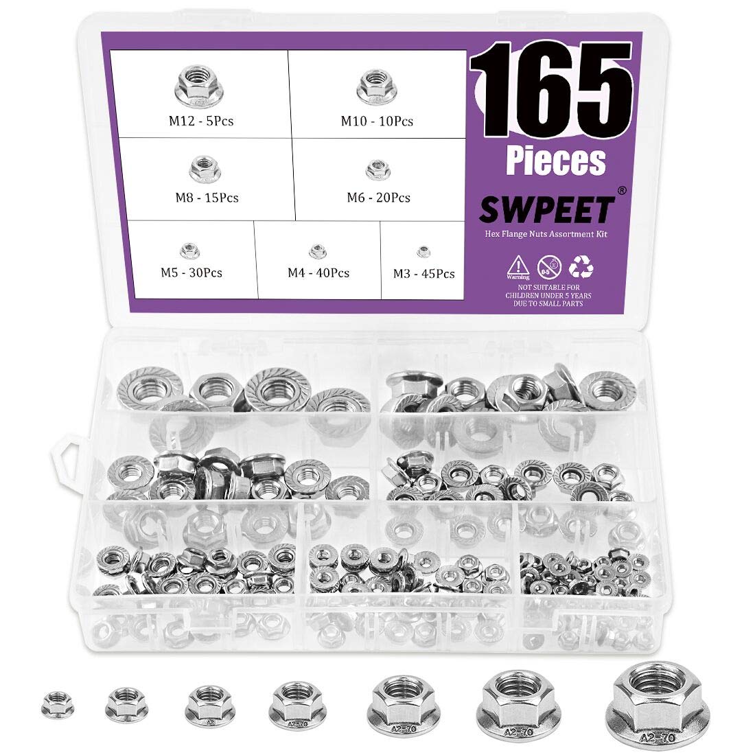 165Pcs 304 Stainless Steel Serrated Metric Flange Nuts Hex Lock Nuts Assortment Kit, 7 Sizes - M3 M4 M5 M6 M8 M10 M12
