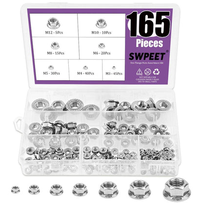 165Pcs 304 Stainless Steel Serrated Metric Flange Nuts Hex Lock Nuts Assortment Kit, 7 Sizes - M3 M4 M5 M6 M8 M10 M12