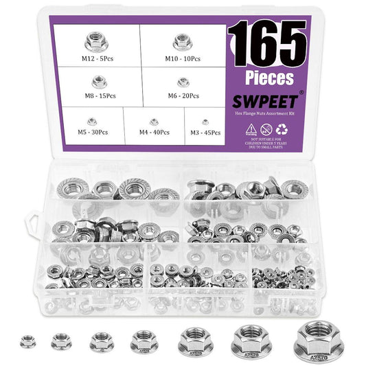 165Pcs 304 Stainless Steel Serrated Metric Flange Nuts Hex Lock Nuts Assortment Kit, 7 Sizes - M3 M4 M5 M6 M8 M10 M12