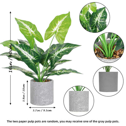 Dremisland 2Pack Artificial Potted Plant 16" Tall Faux Monstera Potted Plants with Gray Pot Fake Greenery Plants Decor for Home Office Table Desk Living Room Shelves Bathroom (Taro and Monstera)