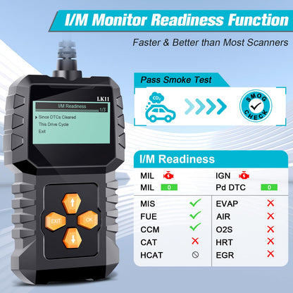 OBD2 Scanner Ease Setup Plug-Play: Clear Reset Engine Error Code Professional Code Reader Diagnostic Scan Tools with Freeze Frame/I/M Readiness for All Cars Since 1996 & Newer -LK11
